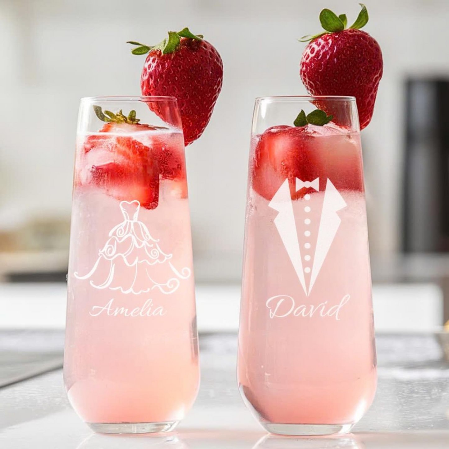Custom Wedding Dress and Tuxedo Name Stemless Flutes Wine Glasses | Engraved Name And Date Champagne Flutes Glass | Wedding Gift