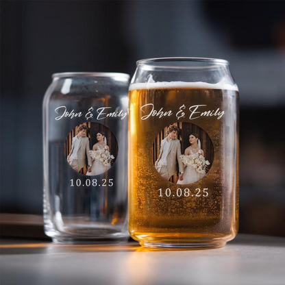 Personalized Wedding Photo Beer Can Glass | Custom Name And Date Wedding Glasses | Gift For Couple
