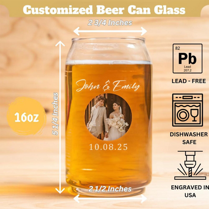 Personalized Wedding Photo Beer Can Glass | Custom Name And Date Wedding Glasses | Gift For Couple