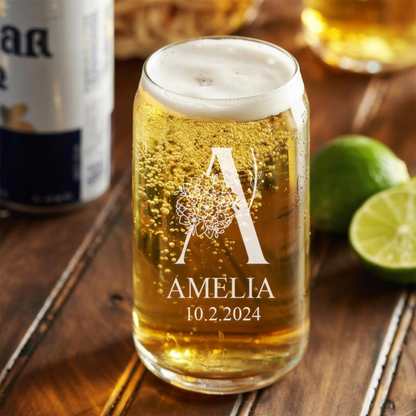 Personalized Beer Can Glass With Floral Logo Set | Custom Wedding Glasses | Gift For Wedding