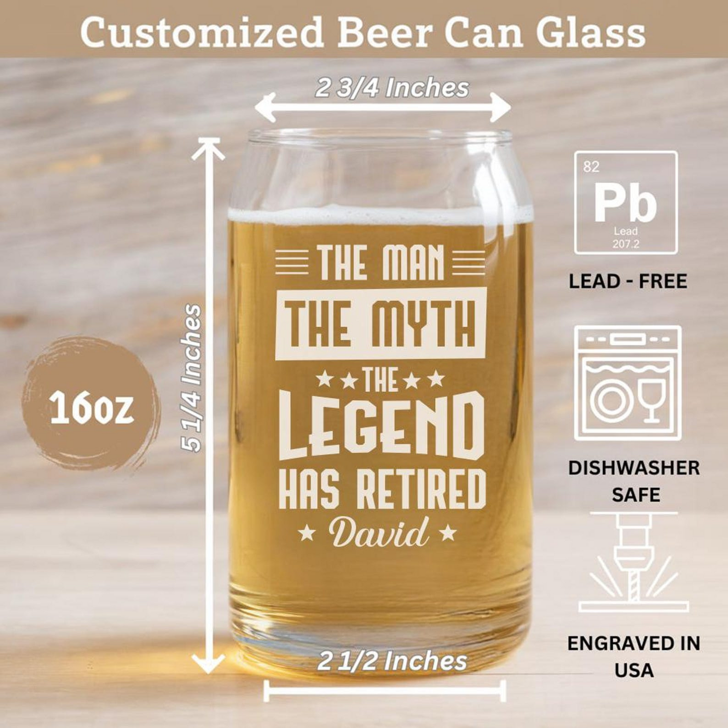 Personalized The Man The Myth The Legend Beer Can Glass 16 Oz | Retirement Gift | Beer Can Glass For Retirees