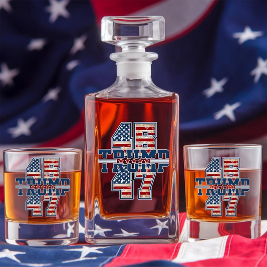 President Trump 45 47 Decanter & Whiskey Glass Set | Patriotic Gift | Engraved Whiskey Decanter