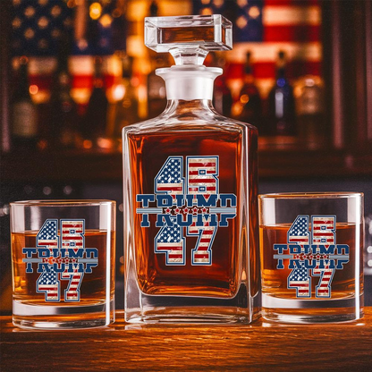 President Trump 45 47 Decanter & Whiskey Glass Set | Patriotic Gift | Engraved Whiskey Decanter