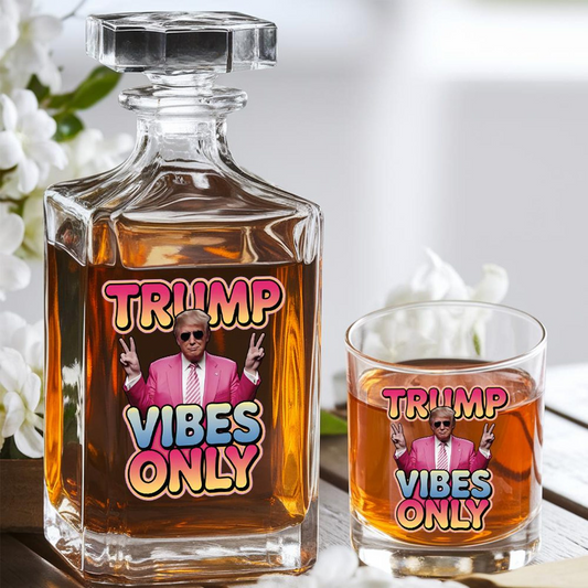 Trump Vibes Only Decanter & Whiskey Glass Set | Patriotic Gift | Funny Engraved Whiskey Decanter
