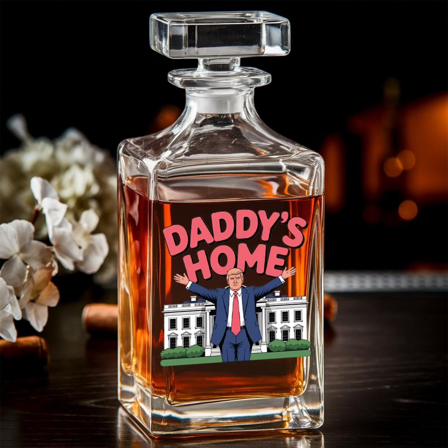 Donald Trump Daddy's Home Decanter & Whiskey Glass Set | Patriotic Gift | Engraved Whiskey Decanter
