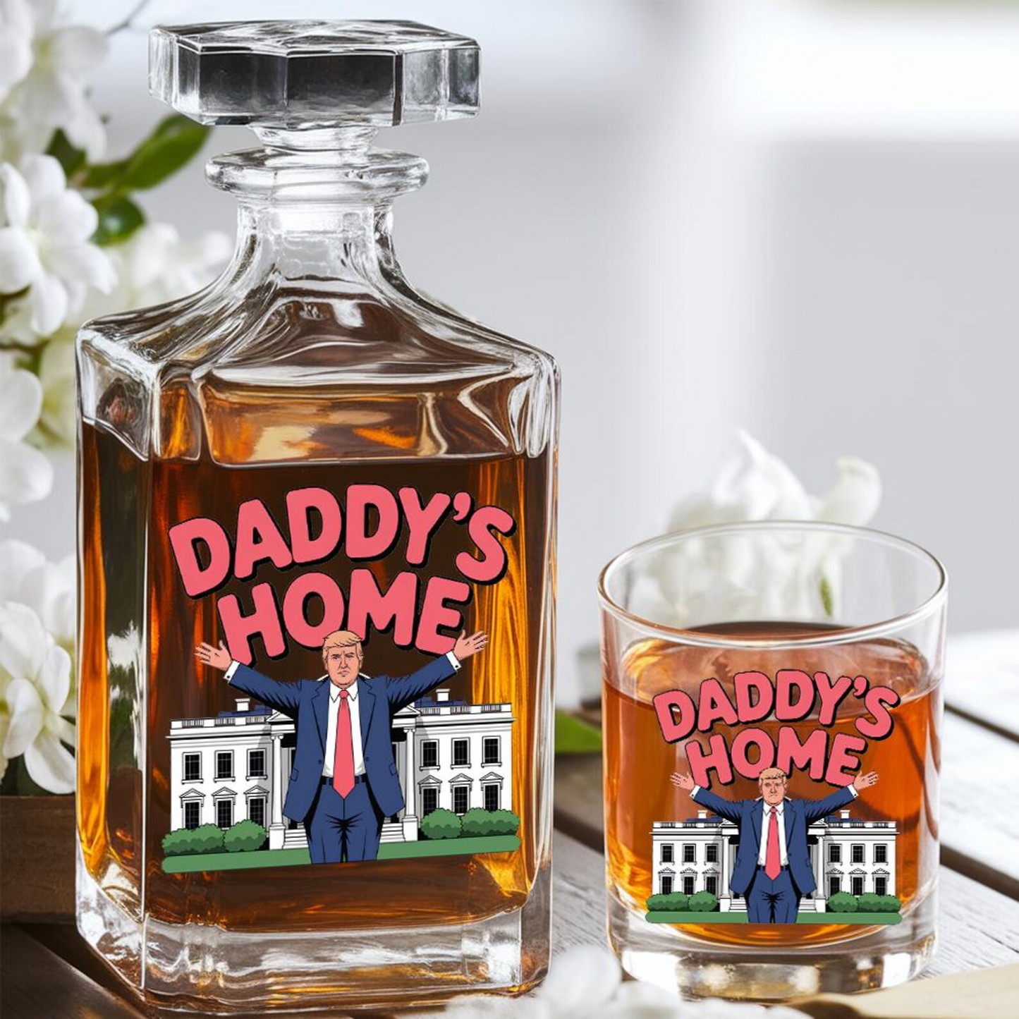 Donald Trump Daddy's Home Decanter & Whiskey Glass Set | Patriotic Gift | Engraved Whiskey Decanter