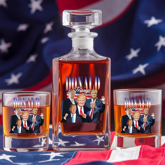 Donald Trump Decanter & Whiskey Glass Set | Patriotic Gift | Engraved Whiskey Decanter