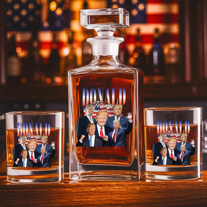 Donald Trump Decanter & Whiskey Glass Set | Patriotic Gift | Engraved Whiskey Decanter
