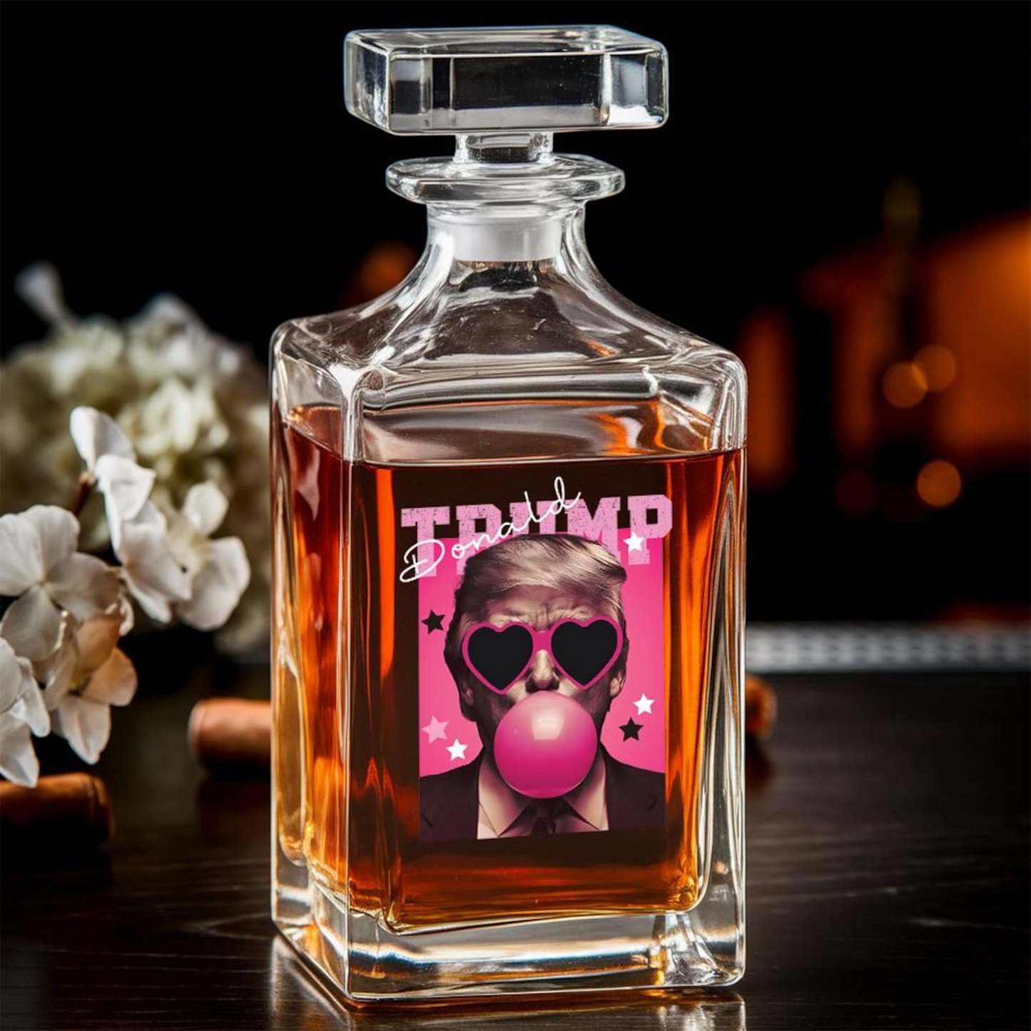 Funny President Donald Trump Blowing Pink Bubble Decanter & Whiskey Glass Set | Patriotic Gift | Engraved Whiskey Decanter