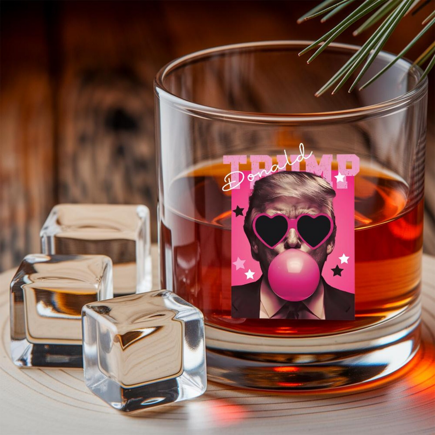 Funny President Donald Trump Blowing Pink Bubble Decanter & Whiskey Glass Set | Patriotic Gift | Engraved Whiskey Decanter