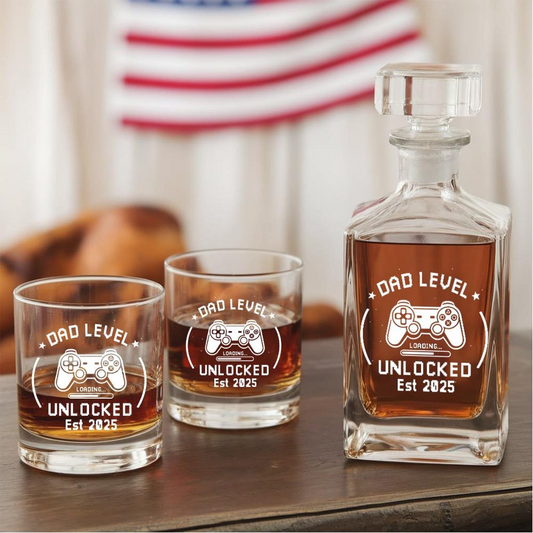 Personalized Dad Lever Unlocked Whiskey Glass And Decanter Set | Father's Day Gift | Gift For Dad