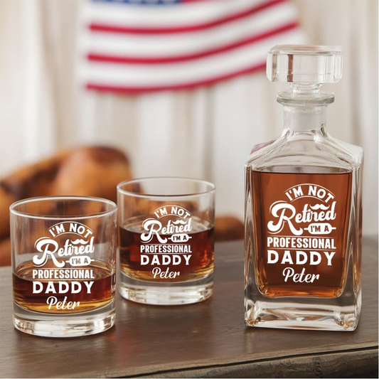 Personalized I'm Not Retired Daddy Whiskey Decanter Set With Glasses | Retirement Gift | Engraved Whiskey Decanter Set