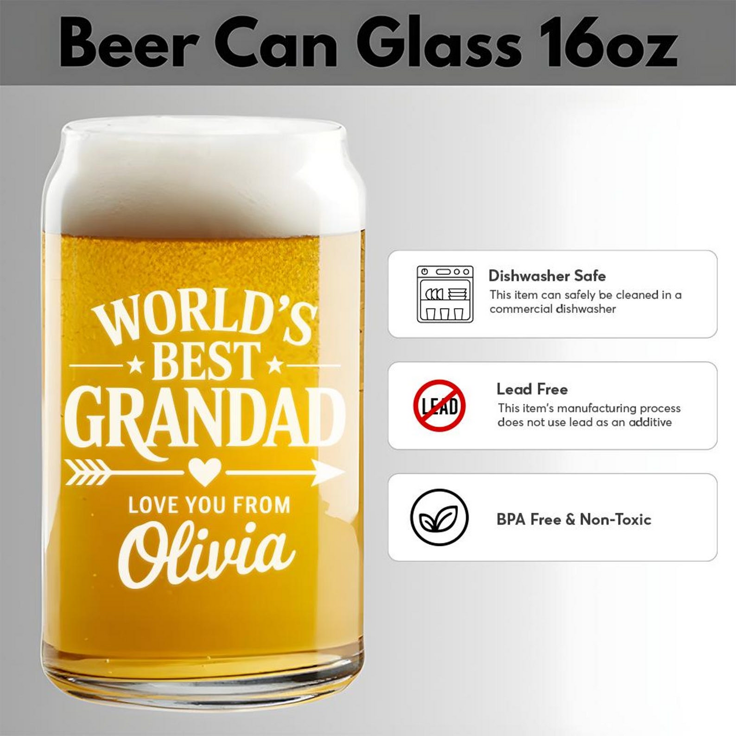 Custom Name World's Best Grandad Beer Can Glass 16oz | Father's Day Gift | Gift For Dad