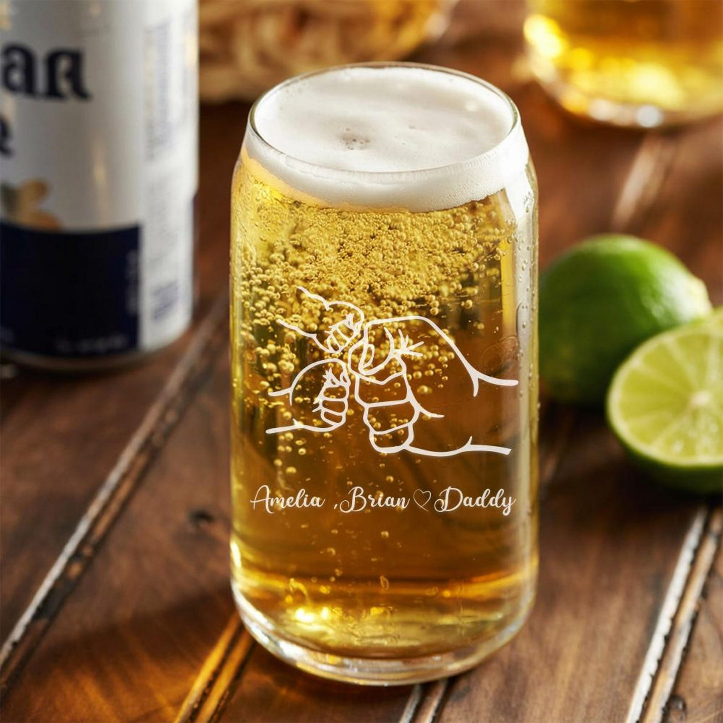 Custom Dad and Kids Hand To Hands Beer Can Glass 16oz | Father's Day Gift | Gift For Dad