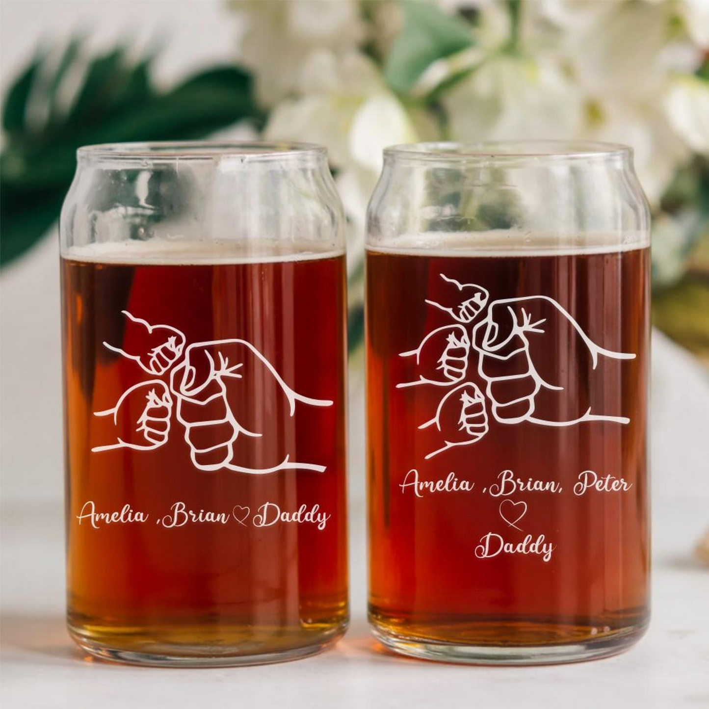 Custom Dad and Kids Hand To Hands Beer Can Glass 16oz | Father's Day Gift | Gift For Dad