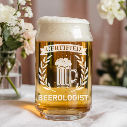 Certified Beerologist Beer Can Glass 16oz | Funny Beer Can Glass | Unique Gift Idea