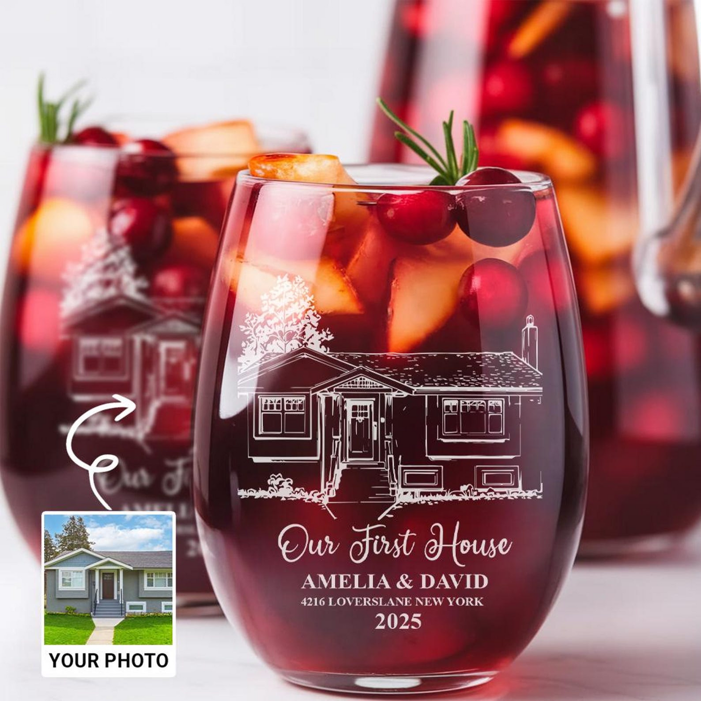 Peronalized Our First Home Wine Glass | Custom Photo Stemless Wine Glass | Father's Day Gift