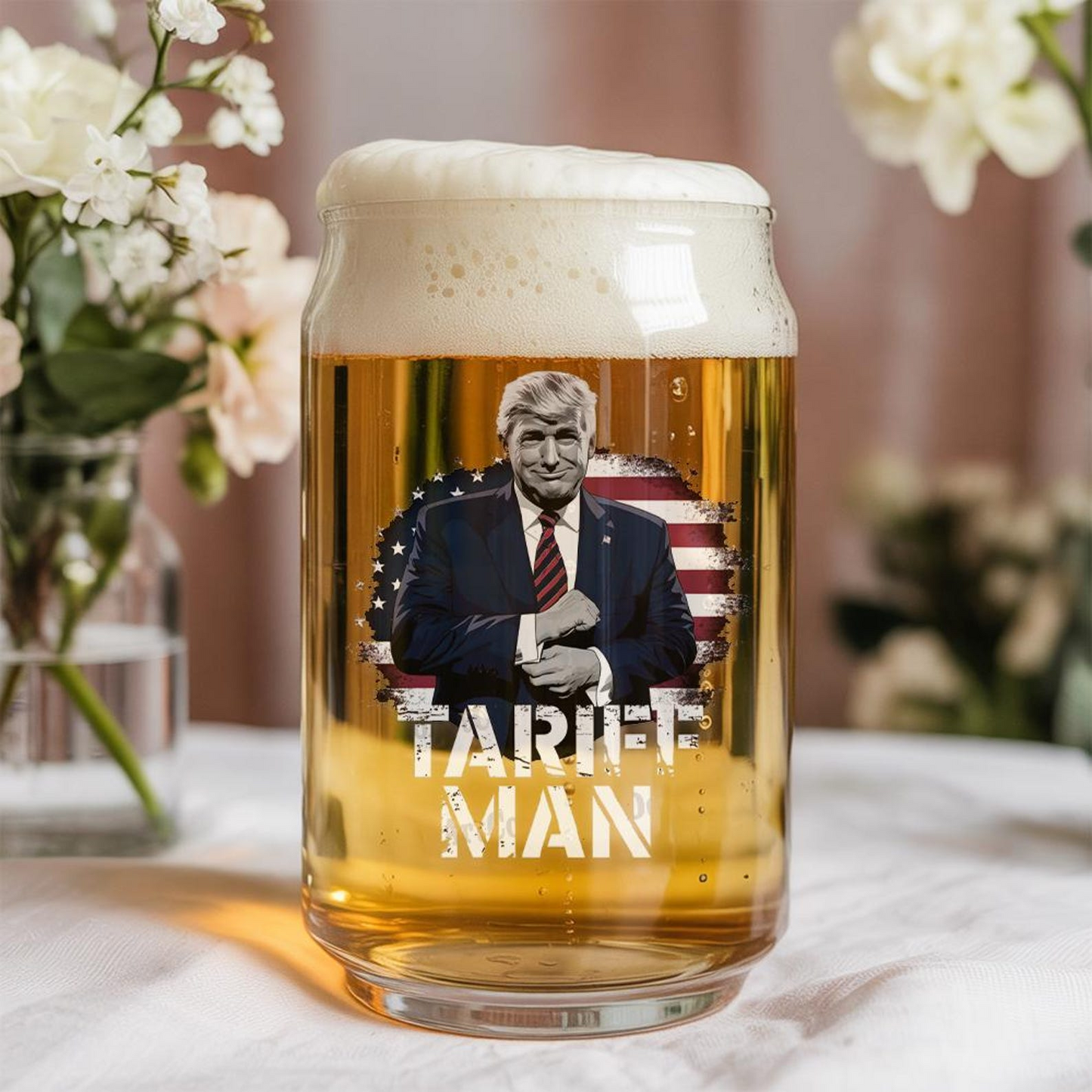 Tariff Man Funny Trump Beer Can Glass 16oz | Trump Presidential Beer Can Glass | Gift For Trump Supporters