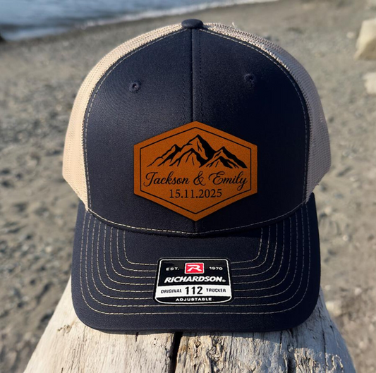 Personalized Groomsmen Mountain Trucker Hat | Custom Leather Patch Hat For Groomsmen | Wedding Gift