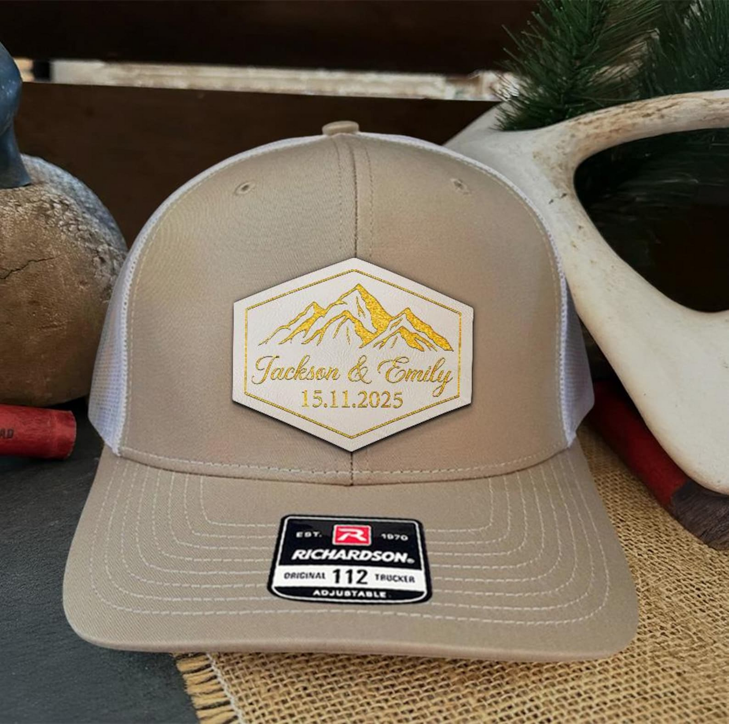 Personalized Groomsmen Mountain Trucker Hat | Custom Leather Patch Hat For Groomsmen | Wedding Gift