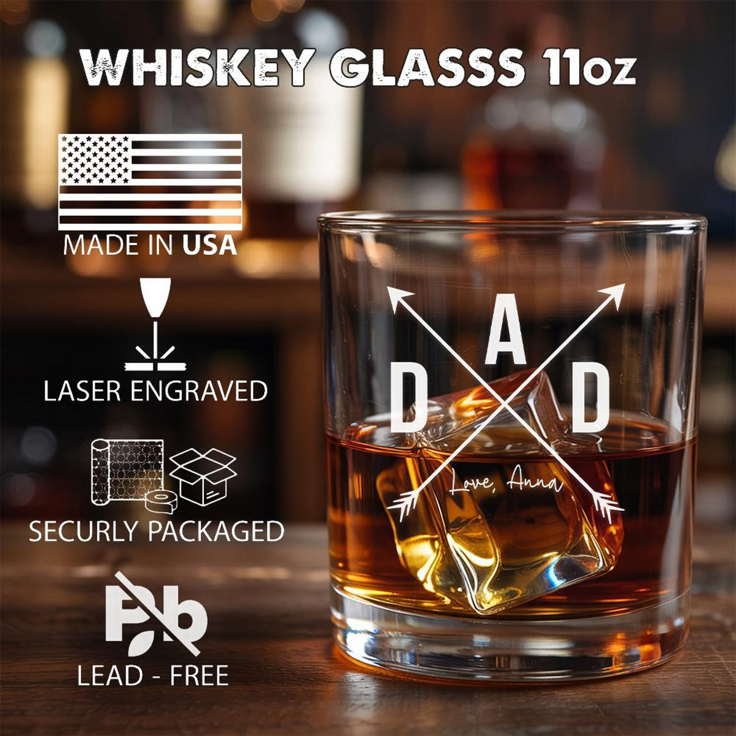 Custom Name Whiskey Glass 11 Oz | Best Gift For Dad | Father's Day Gift