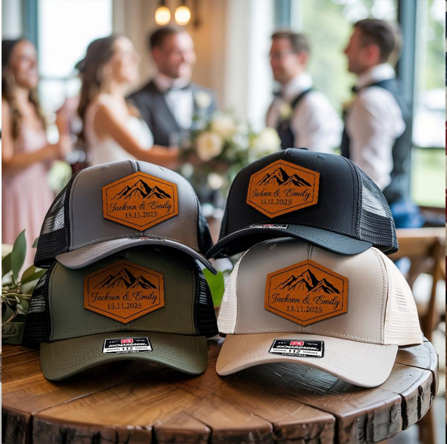 Personalized Groomsmen Mountain Trucker Hat | Custom Leather Patch Hat For Groomsmen | Wedding Gift