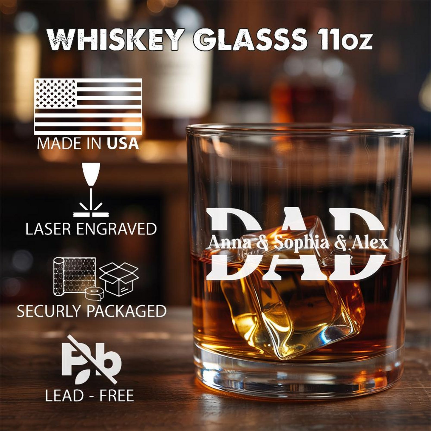 Dad With Kid's Names Whiskey Glass | Gift For Dad | Father's Day Gift For Dad