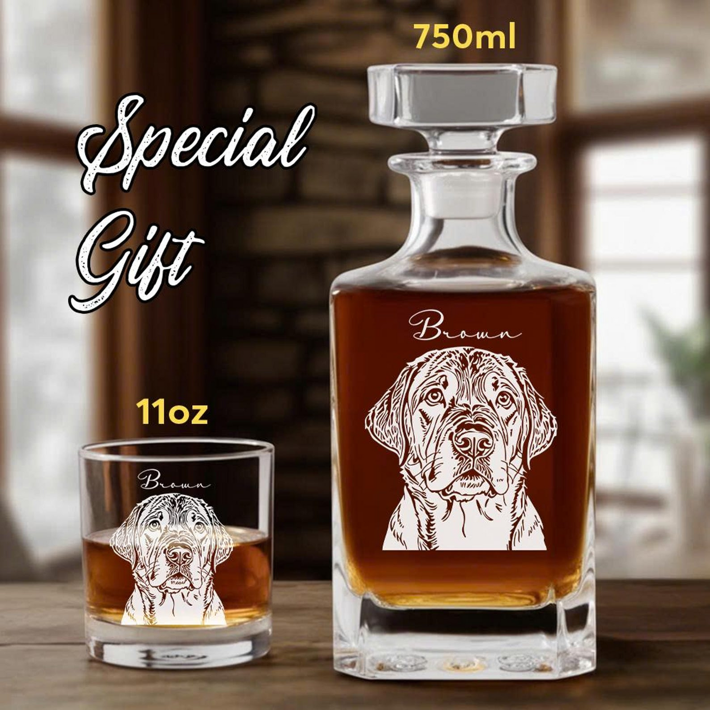 Custom Dog Photo Whiskey Decanter Set | Personalized Dog Name & Photo Whiskey Glass | Gift For Dog Lovers