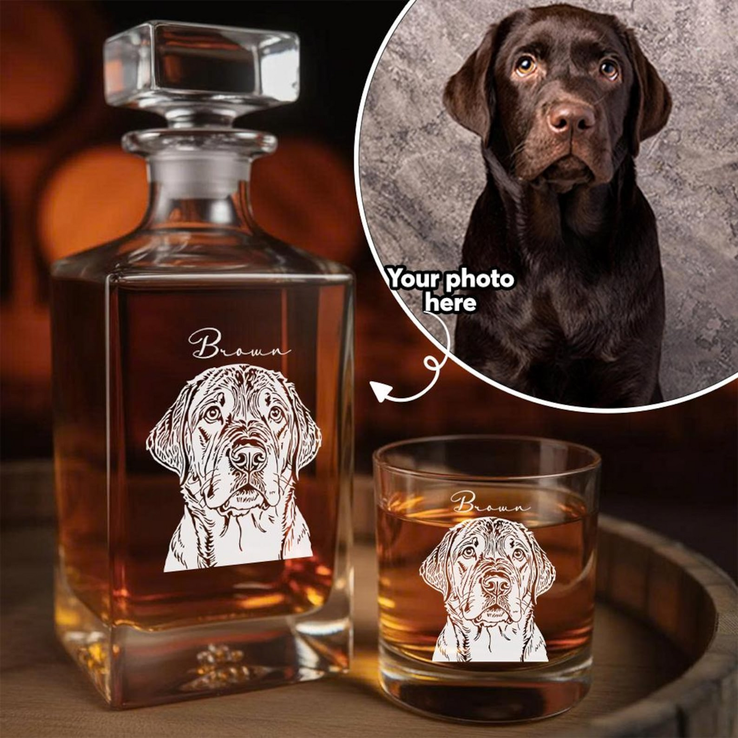 Custom Dog Photo Whiskey Decanter Set | Personalized Dog Name & Photo Whiskey Glass | Gift For Dog Lovers