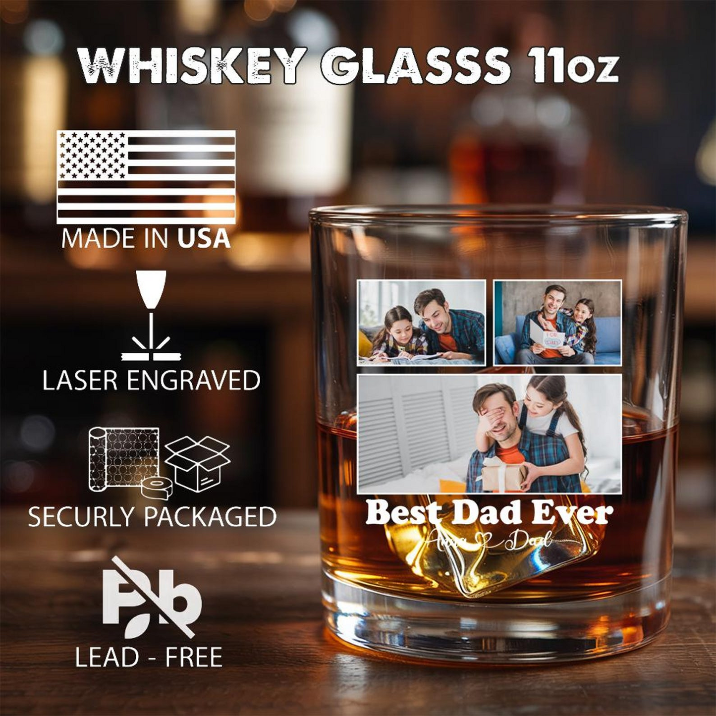 Custom Photo Best Dad Ever Whiskey Glass 11 Oz | Best Gift For Dad | Father's Day Gift