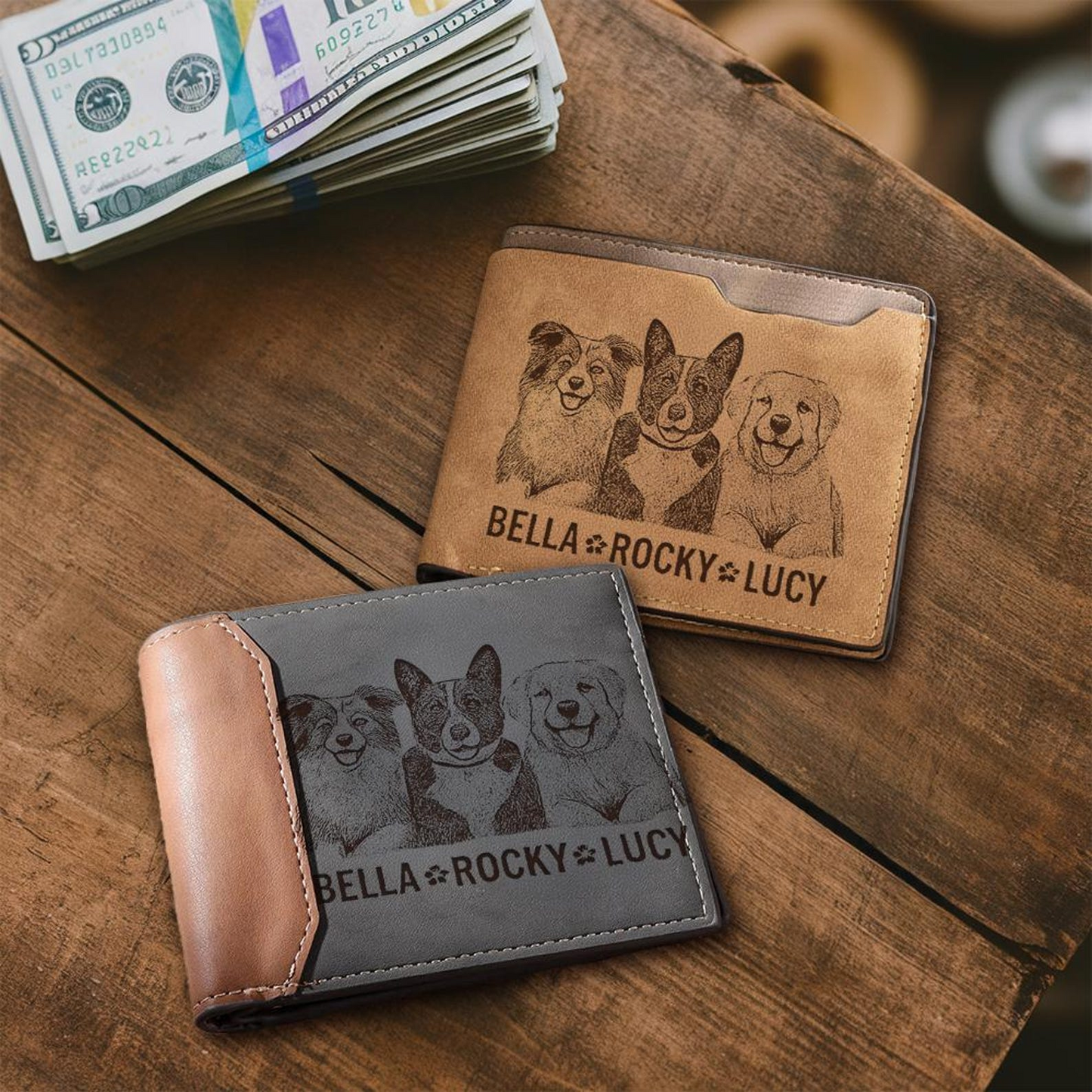 Custom Dog Portrait Engraved Leather Wallet | Personalized Dog Photo Wallet | Gift For Dog Lovers