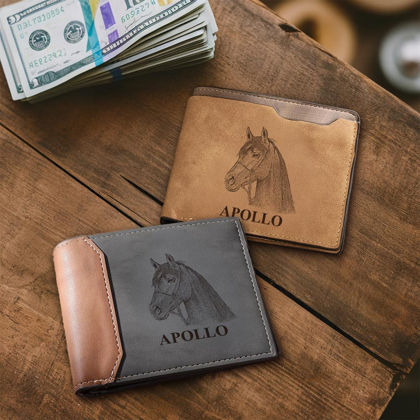 Custom Horse Photo Engraved Leather Wallet | Personalized Horse Photo Wallet | Horse Memorial Gift