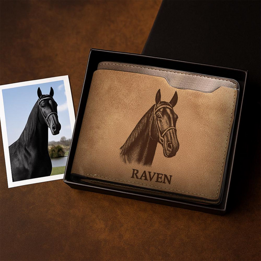 Custom Horse Photo Engraved Leather Wallet | Personalized Horse Photo Wallet For Horse Lovers | Horse Memorial Gift