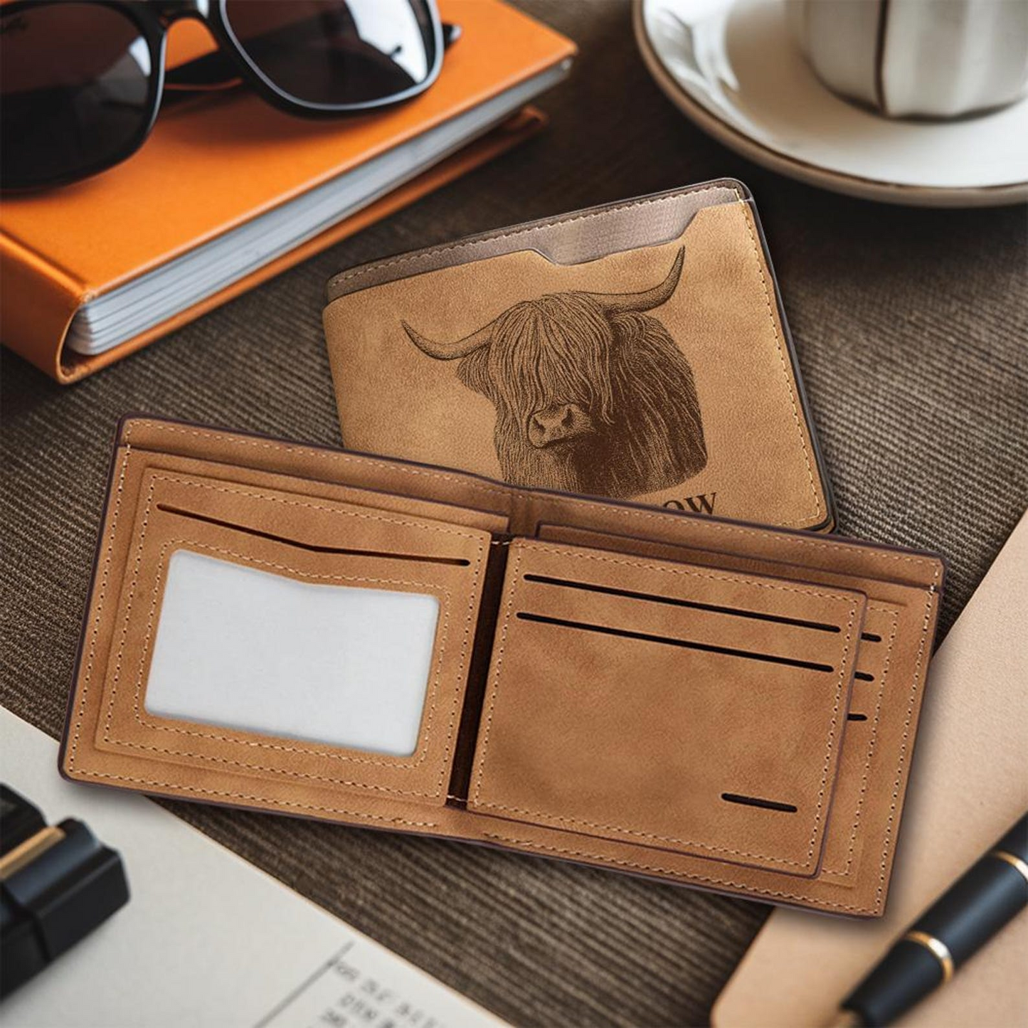 Custom Highland Cow Portrait Engraved Leather Wallet | Personalized Cow Photo Wallet For Cow Lovers | Cow Memorial Gift