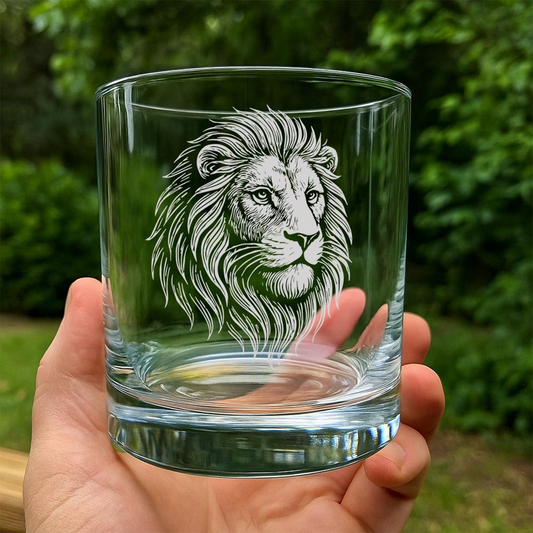 Lion Whiskey Glass | Etched Lion Silhouette Whiskey Glass | Gift For Animal Lovers | Jungle Wildlife Gift