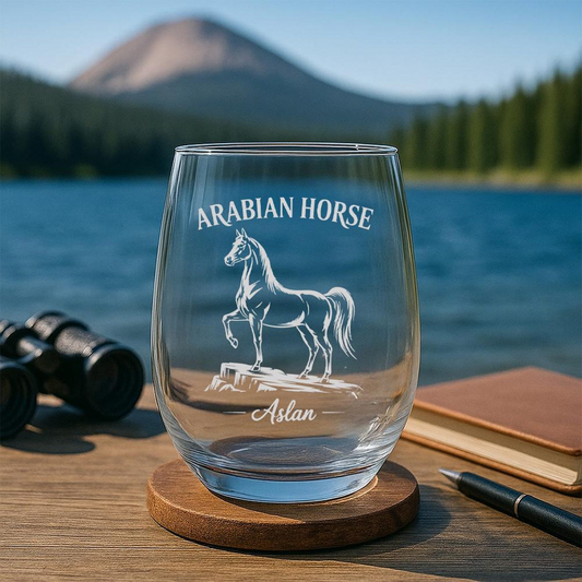 Custom Name Arabian Horse Beer Can Glass | Etched Arabian Horse Silhouette Beer Can Glass | Gift for Horse Lovers