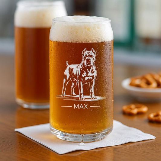 Custom Name Cane Corso Dog Beer Can Glass | Etched Cane Corso Dog Sihouette Beer Can Glass | Gift for Dog Lovers
