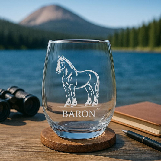 Custom Name Clydesdale Horse Beer Can Glass | Etched Clydesdale Horse Silhouette Beer Can Glass | Gift for Horse Lovers