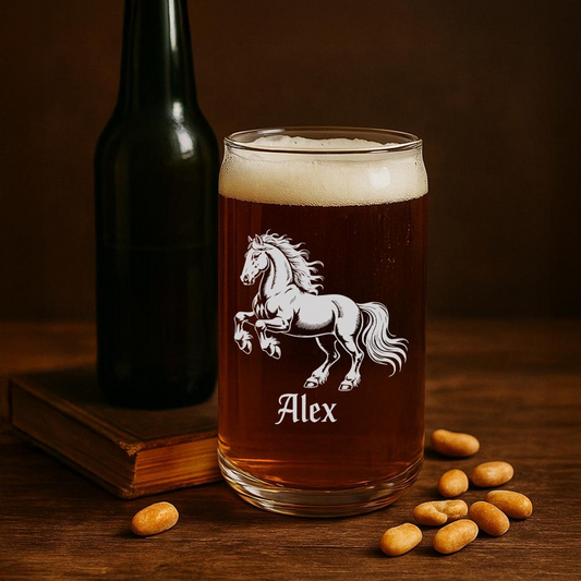 Custom Name Friesian Horse Beer Can Glass | Etched Friesian Horse Sihouette Beer Can Glass | Gift for Horse Lovers