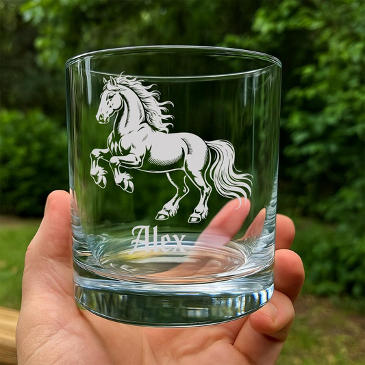 Custom Name Friesian Horse Whiskey Glass | Etched Friesian Horse Silhouette Whiskey Glass | Gift for Horse Lovers