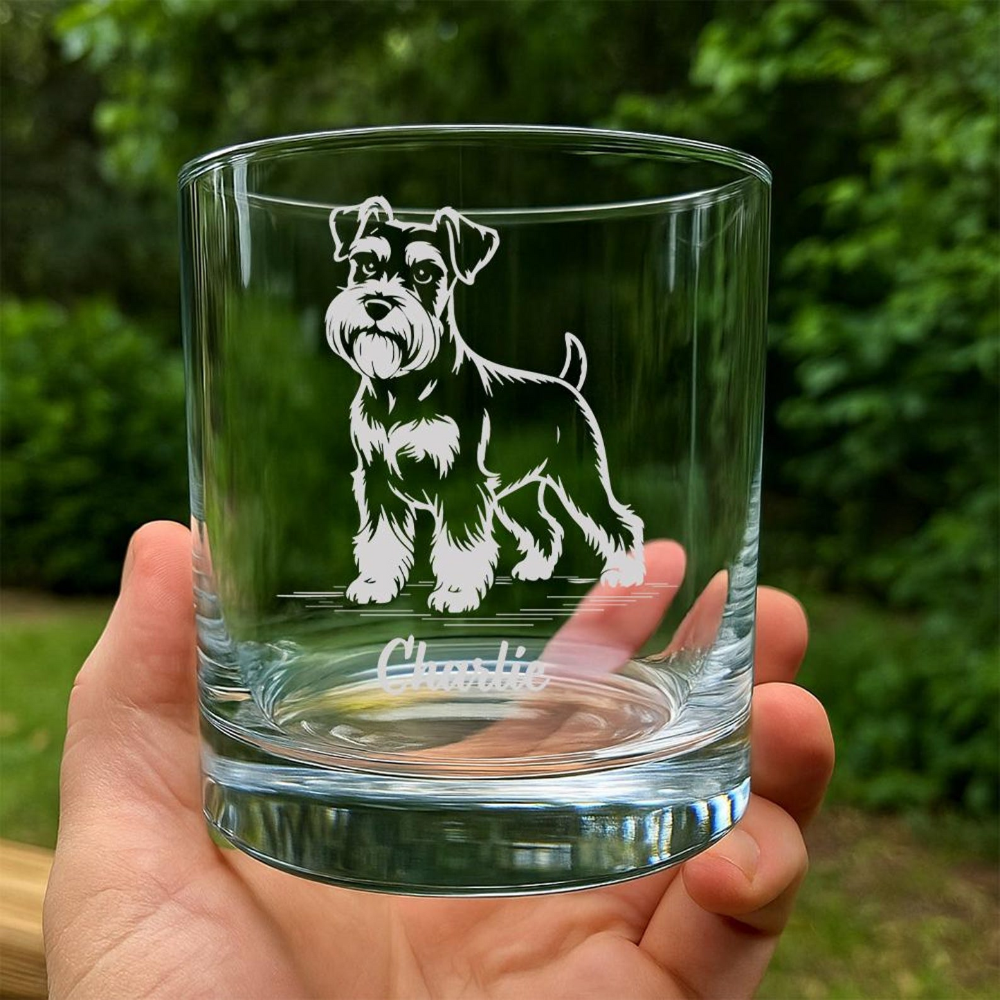 Custom Name Miniature Schnauzer Whiskey Glass | Etched Miniature Schnauzer Silhouette Whiskey Glass | Gift for Dog Lovers
