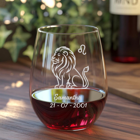 Personalized Leo Zodiac Stemless Wine Glass | Custom Name & Date Leo Zodiac | Gift For Astrology Lovers