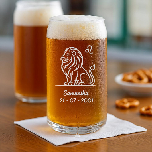 Custom Leo Zodiac Beer Can Glass | Etched Lion Symbol with Name & Birthdate | Personalized Beer Can Glass
