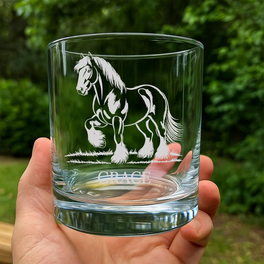Custom Name Shire Horse Whiskey Glass | Etched Shire Horse Silhouette Whiskey Glass | Gift for Horse Lovers