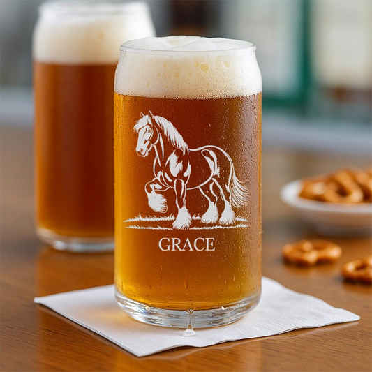 Custom Name Shire Horse Beer Can Glass | Etched Shire Horse Sihouette Beer Can Glass | Gift for Horse Lovers