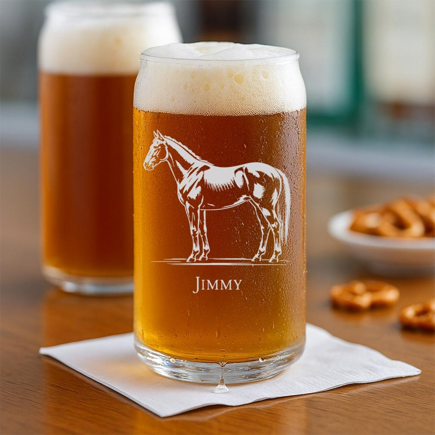 Custom Name Thoroughbred Horse Beer Can Glass | Etched Thoroughbred Horse Sihouette Beer Can Glass | Gift for Horse Lovers