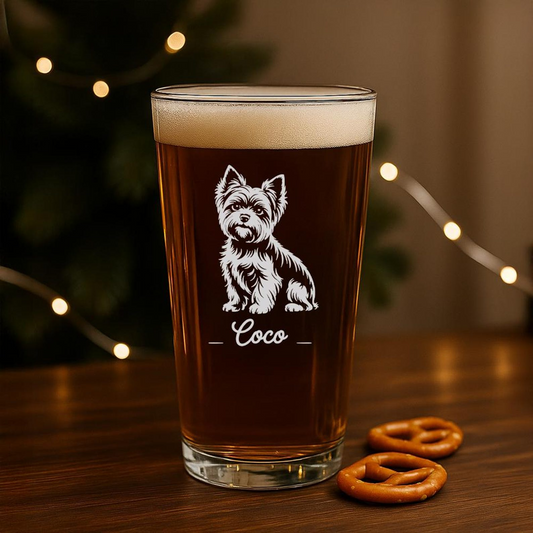 Custom Name Yorkshire Terrier Dog Pint Glass | Etched Yorkshire Terrier Dog Silhouette Beer Glaass | Gift For Dog Lovers
