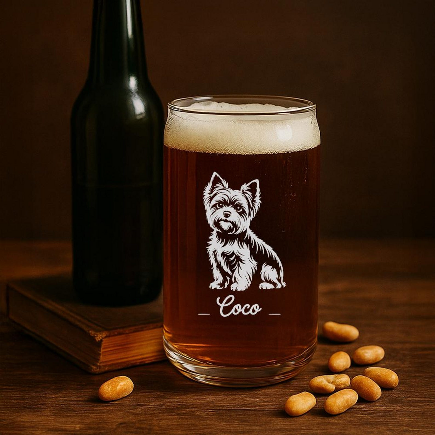 Custom Name Yorkshire Terrier Dog Beer Can Glass | Etched Yorkshire Terrier Dog Silhouette Beer Can Glass | Gift for Animal Lovers