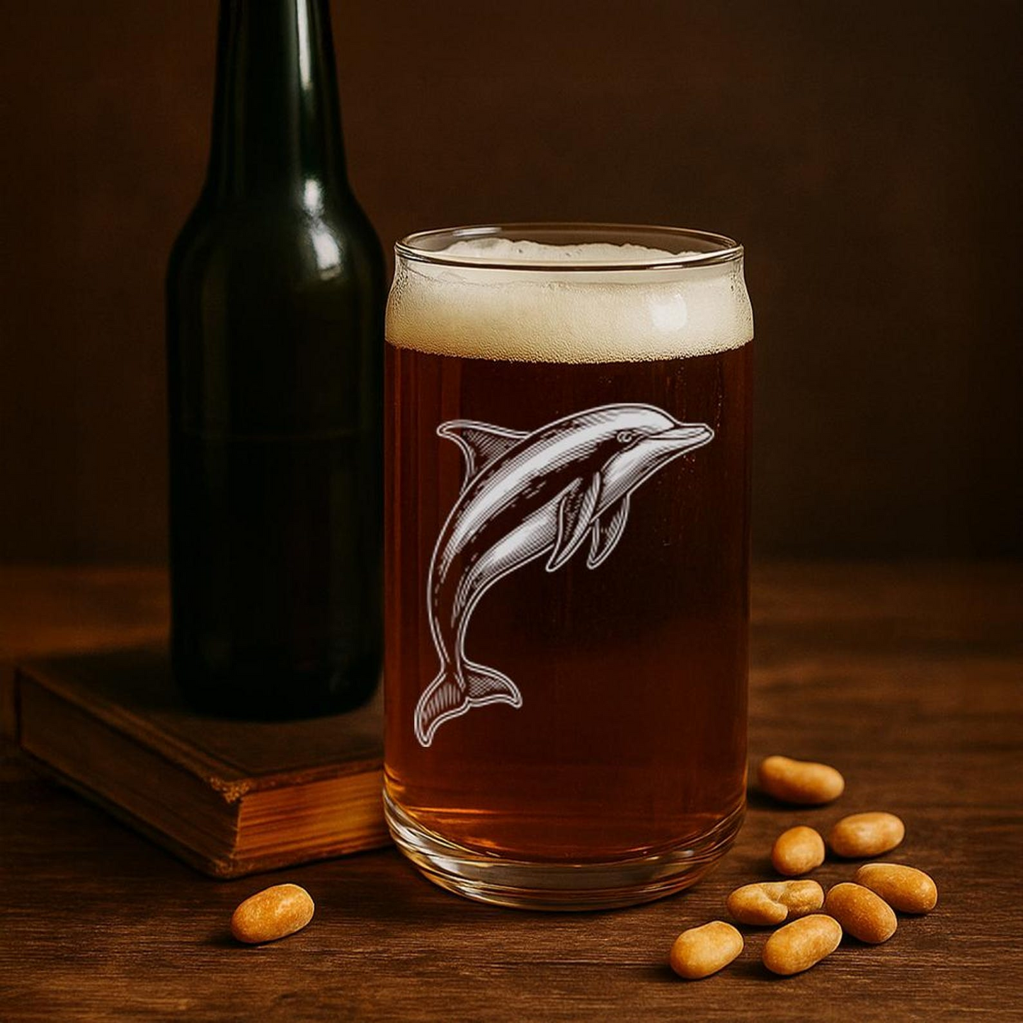Dolphin Beer Can Glass | Etched Dolphin Sihouette Beer Can Glass | Gift for Ocean Lovers