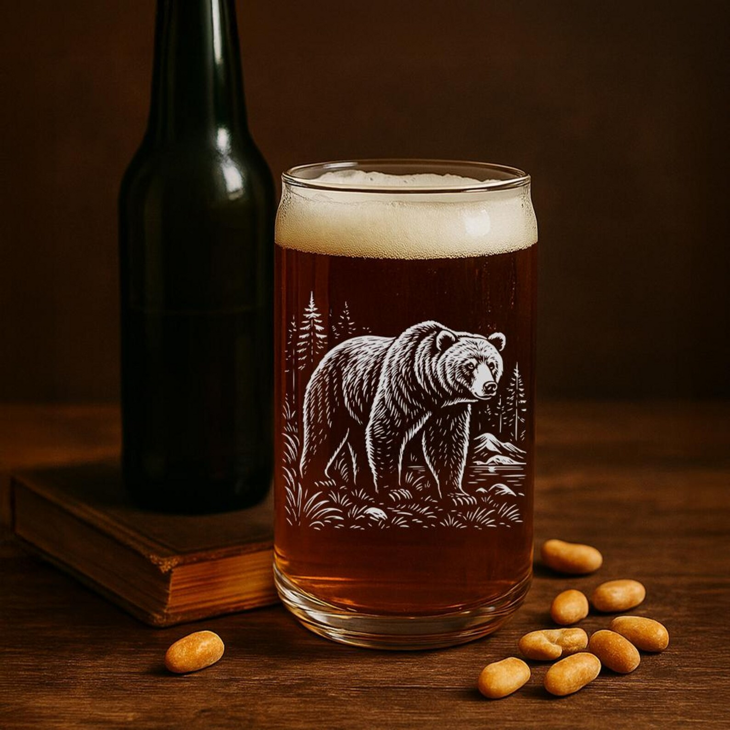 Grizzly Bear Beer Can Glass | Etched Grizzly Bear Silhouette Beer Can Glass | Gift for Animal Lovers